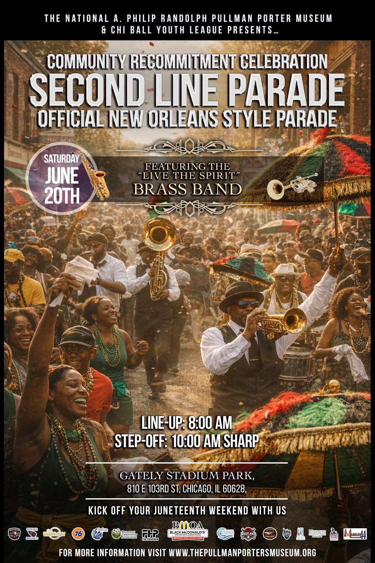 Poster for Second Line Parade Community Recommitment Celebration on June 20th at Gately Stadium Park, Chicago, featuring live brass band music