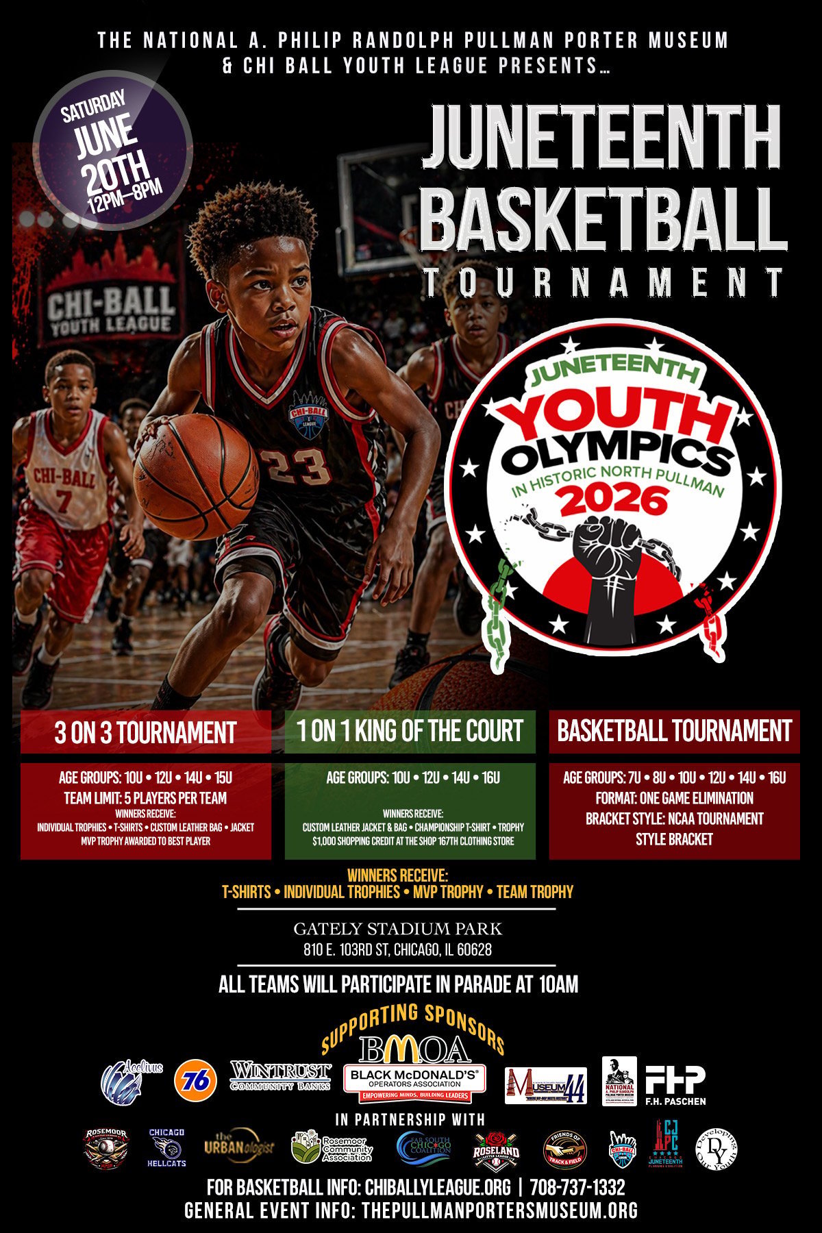 Juneteenth Basketball Tournament poster featuring young athletes in red uniforms, event details for Chi-Ball Youth League tournament in Chicago
