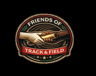 Friends of Track and Field logo featuring two hands passing a baton, with laurel wreaths and stars on a circular emblem