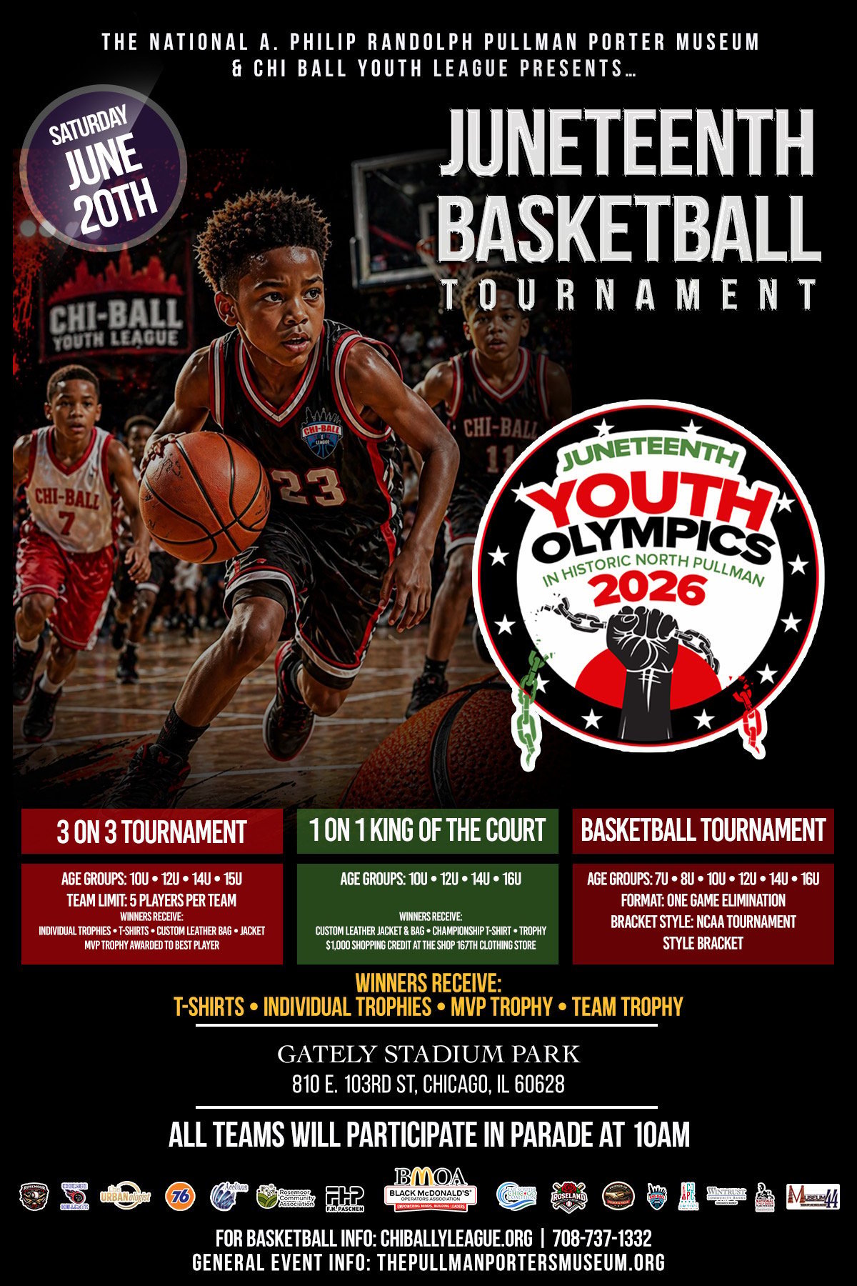 Juneteenth Basketball Tournament poster featuring young athletes in red jerseys, event details for June 20th at Gately Stadium Park in Chicago
