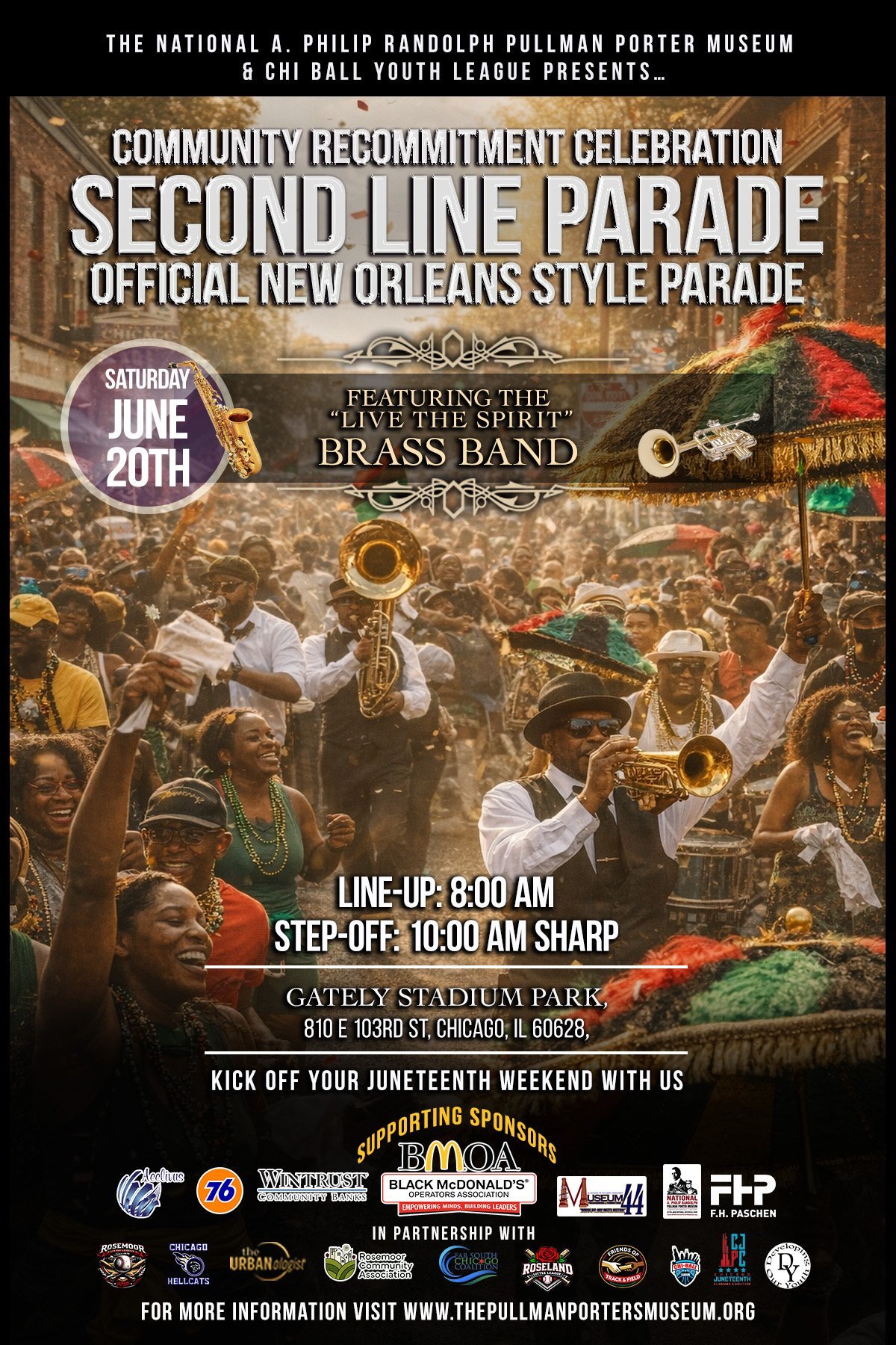 Promotional poster for Second Line Parade Community Recommitment Celebration on June 20th featuring Live the Spirit Brass Band at Gately Stadium Park in Chicago