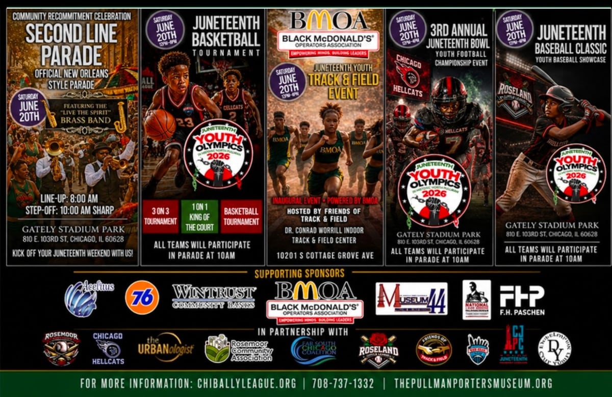 Collage of colorful event posters for sports tournaments including basketball and parade celebrations at Gayles Stadium Park
