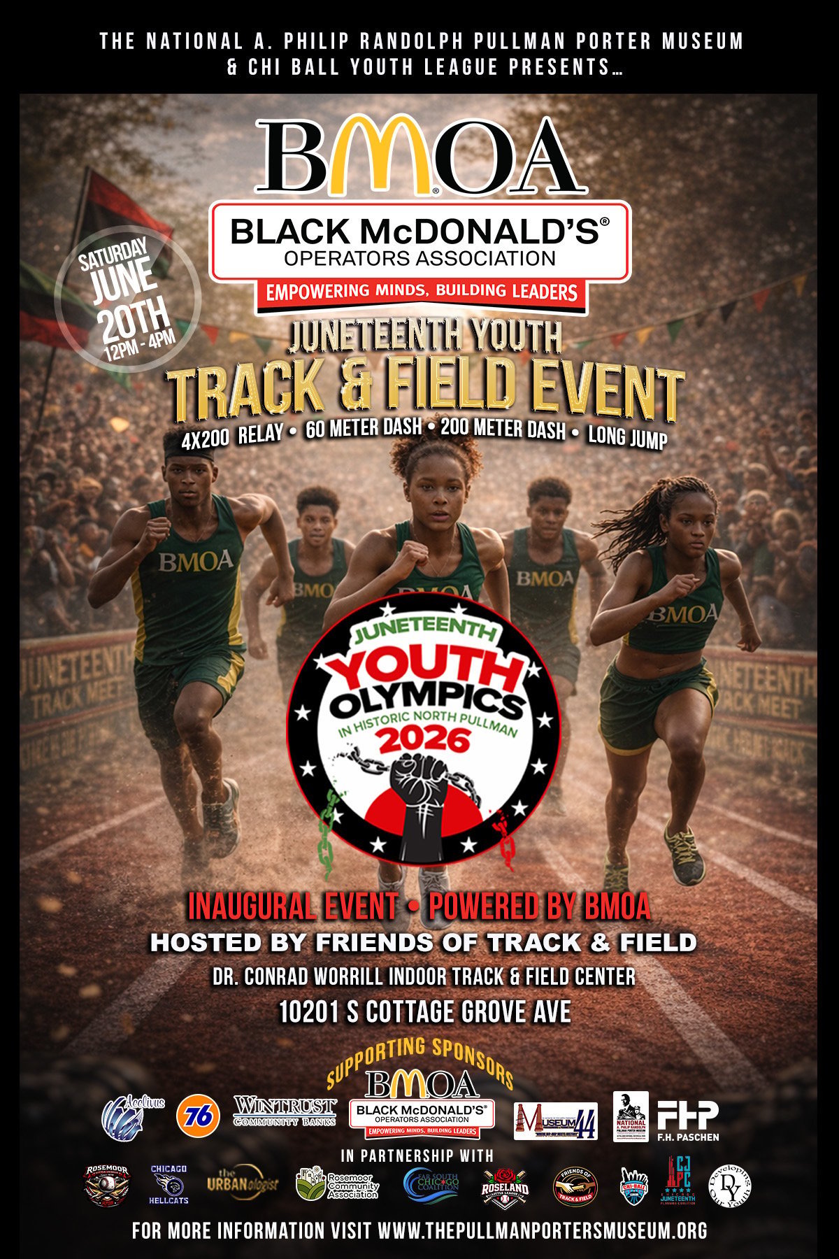 Poster for Juneteenth Youth Track and Field Event hosted by BMOA at Dr. Conrad Worrill Indoor Track and Field Center on Saturday July 20th