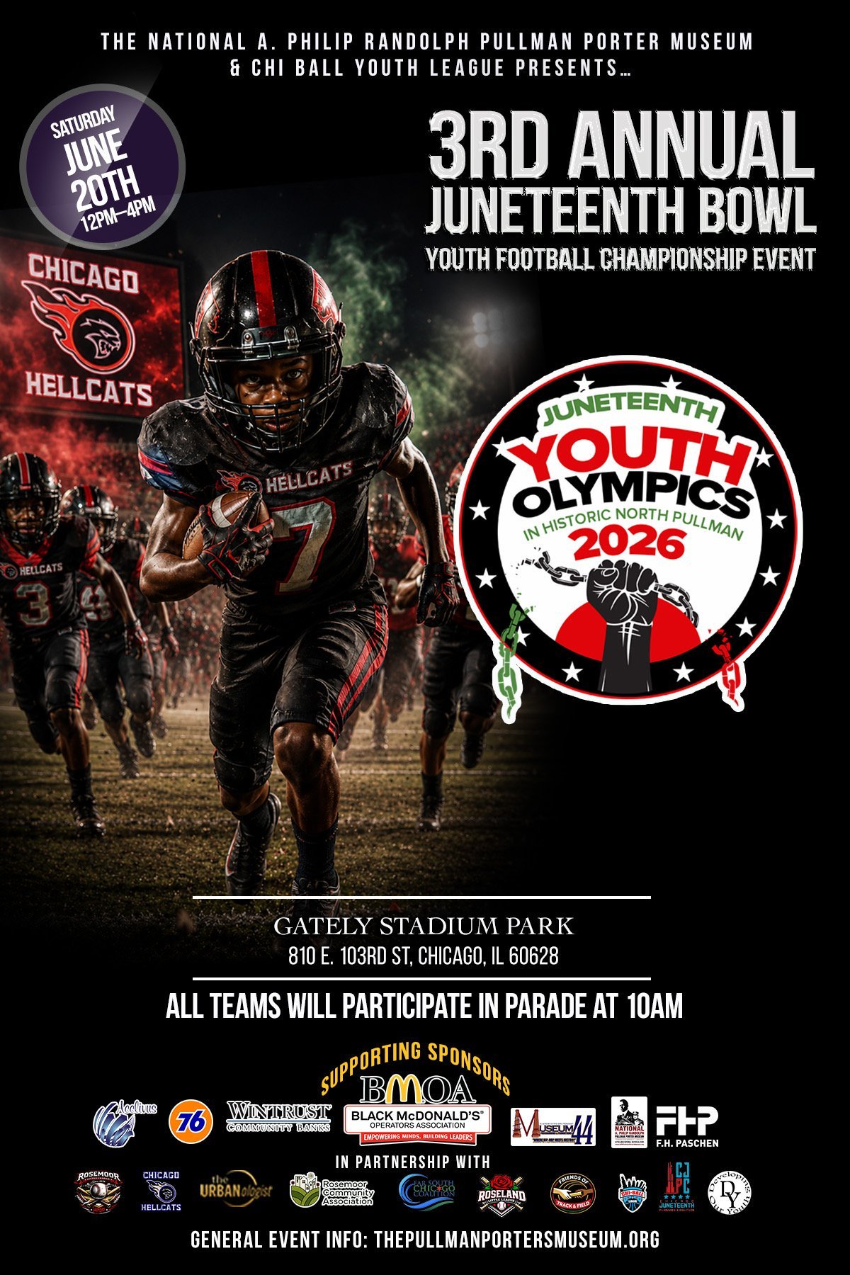 Promotional flyer for 3rd Annual Juneteenth Bowl youth football championship at Gately Stadium Park in Chicago on June 29, 2024