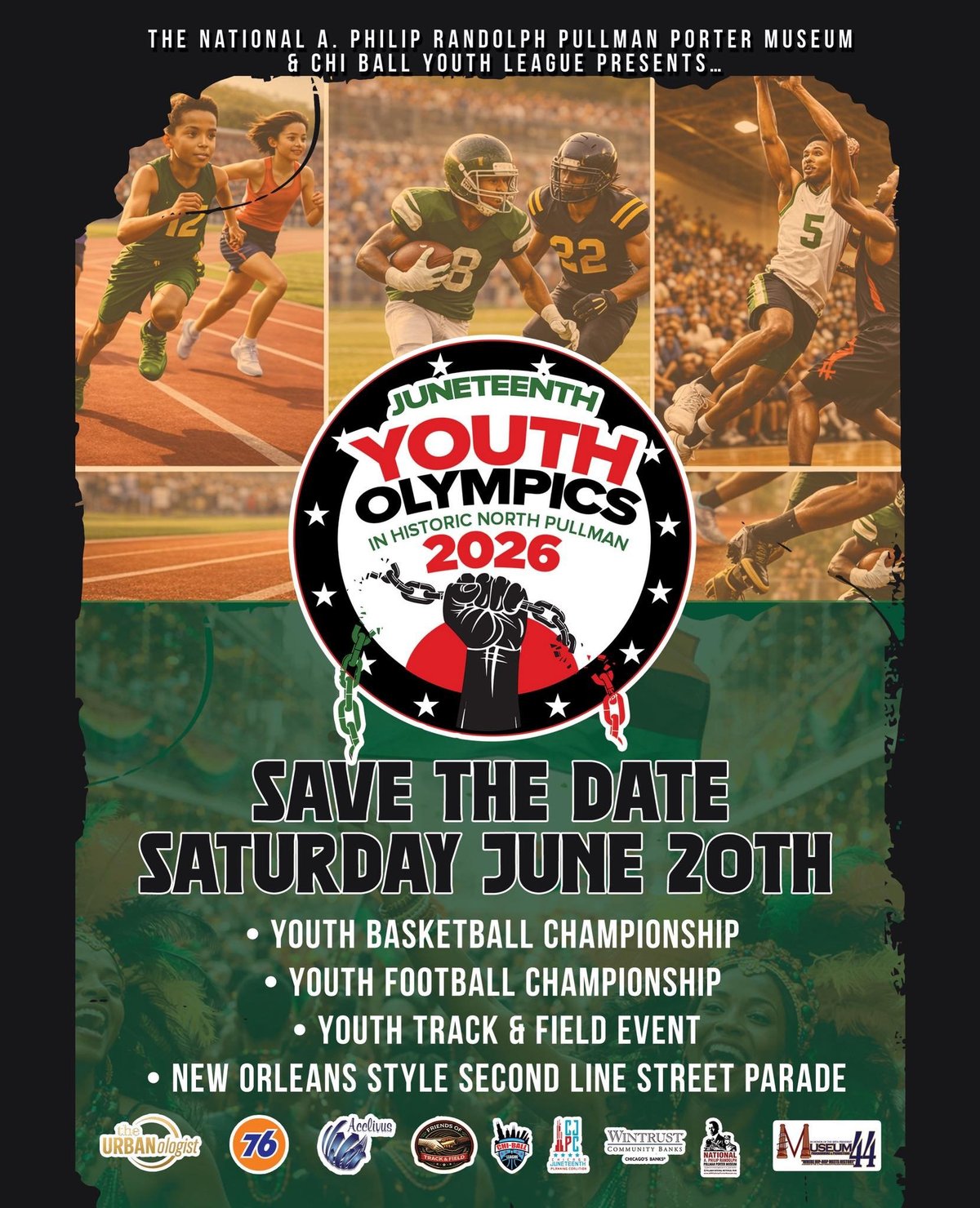 Poster for Juneteenth Youth Olympics 2026 on Saturday June 20th featuring youth sports championships and New Orleans parade