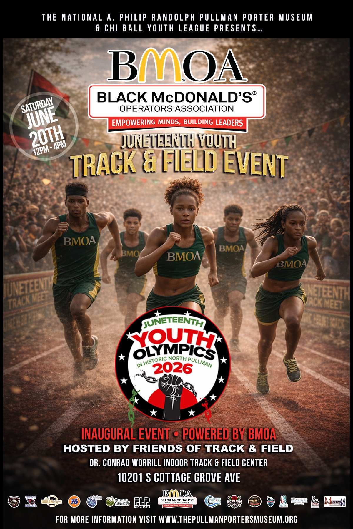 Promotional poster for BMOA Juneteenth Youth Track and Field Event featuring young athletes running on a track, with event details and date of Saturday June 20th.