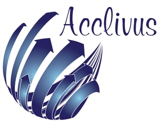 Acclivius logo featuring a stylized blue geometric hand with upward-pointing arrows symbolizing growth and progress