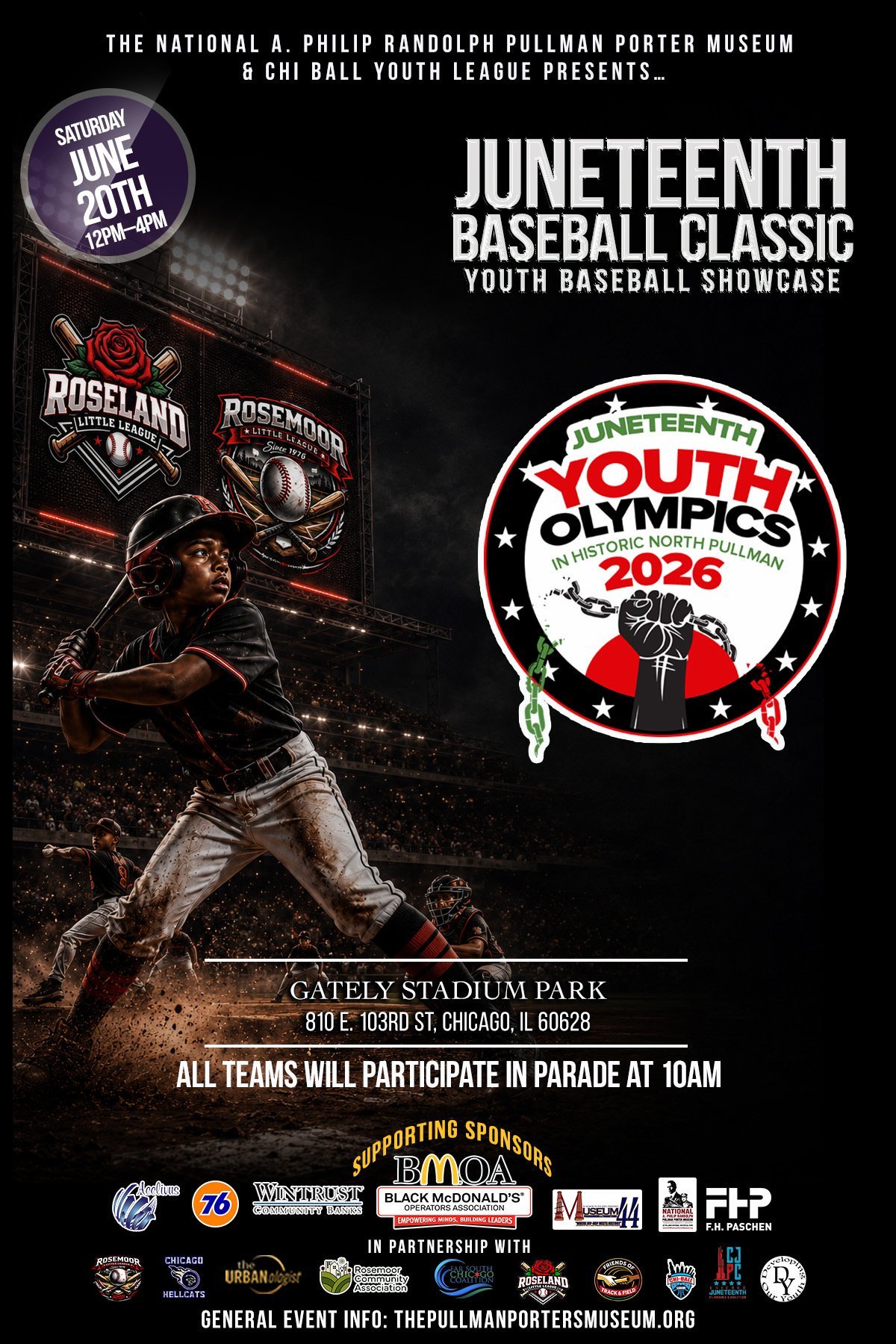 Juneteenth Baseball Classic youth showcase event poster featuring baseball player at Gately Stadium Park on June 16, 2026