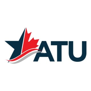 ATU logo featuring a dark blue star with red maple leaf and gray swoosh design element