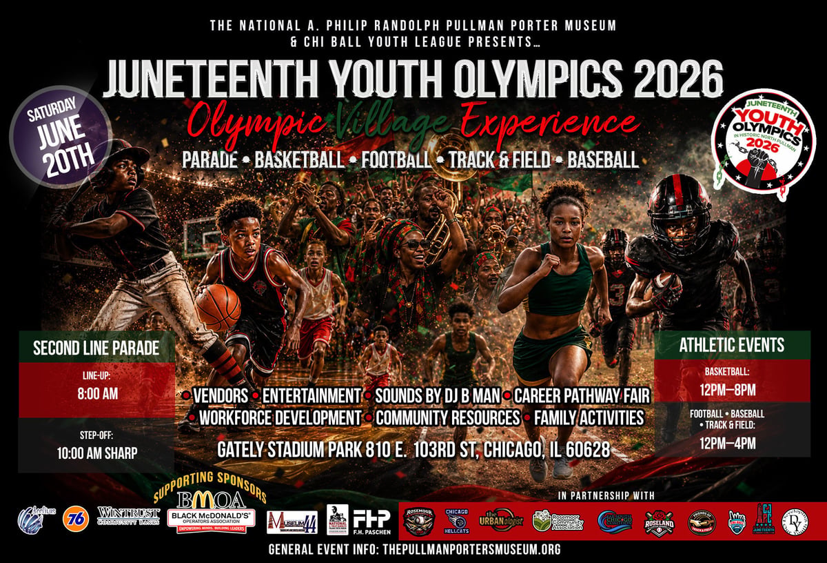 Juneteenth Youth Olympics 2026 poster featuring young athletes participating in sports events and parade at Gately Stadium in Chicago