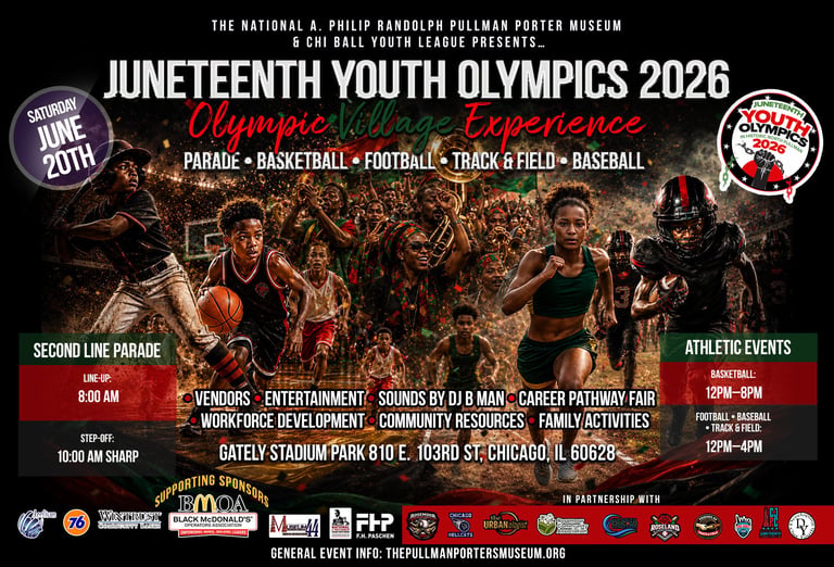 Juneteenth Youth Olympics 2026 poster featuring young athletes participating in sports events and parade at Gately Stadium in Chicago